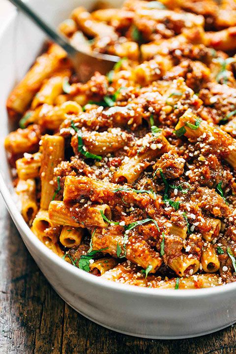 A bowl full of delicious looking baked spicy sausage rigatoni