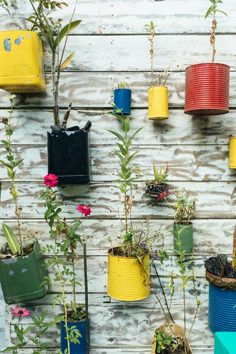 Wooden garden wall with herbs and flowers in yellow blue and green upcycled containers